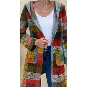 Colorful Brushed Fabric Checkered Plaid Pockets Hoodie Jacket Shacket